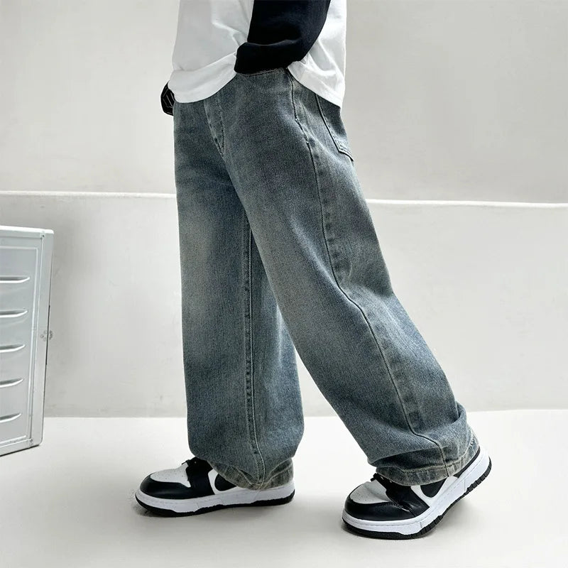 4-12Y Boys Jeans 2025 New Wide Straight Leg Denim Pant Children's Spring Clothing Big Children's Handsome Cotton Sports Pants