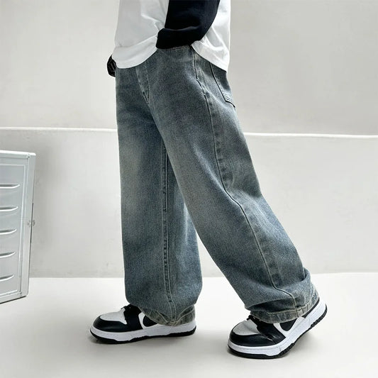 4-12Y Boys Jeans 2025 New Wide Straight Leg Denim Pant Children's Spring Clothing Big Children's Handsome Cotton Sports Pants