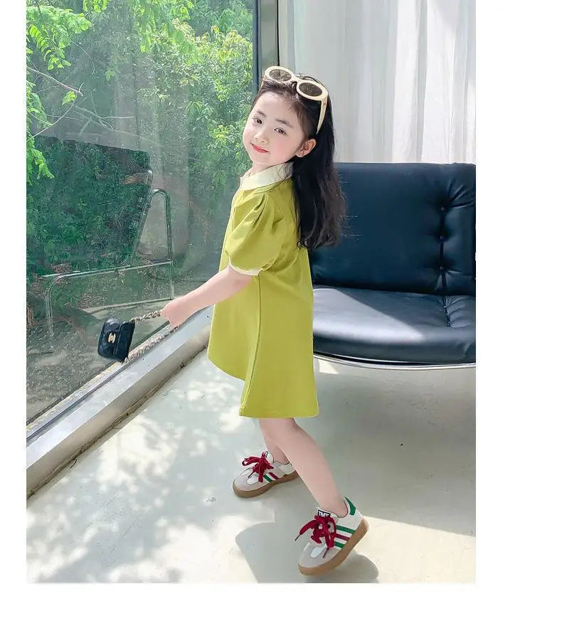 2025 New Children's Dress Girls' Summer Korean Edition Striped Strawberry lapel Casual Dress 1-10 Years Old