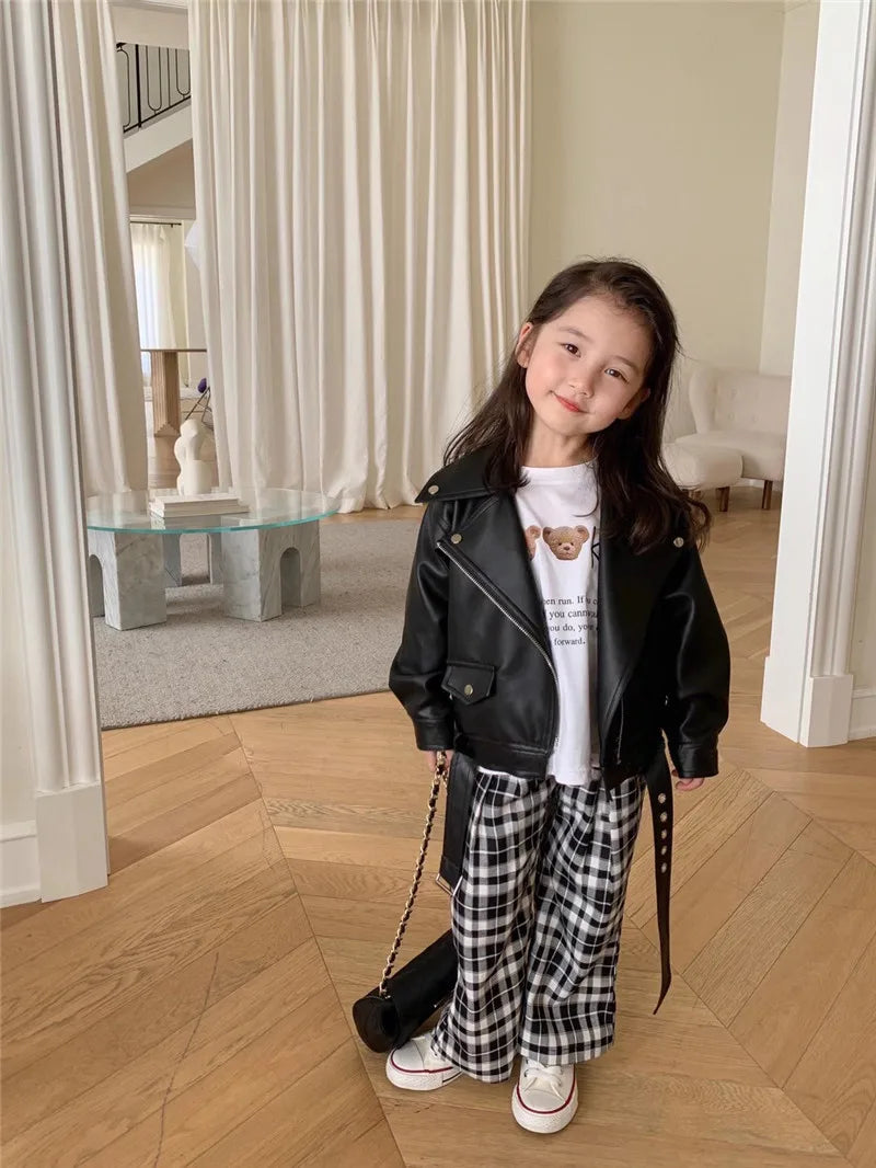 Autumn Girls Coat Waterproof And Stain Resistant Artificial Leather Fashion Zipper Jacket For 2-8 Years Girl Children Outdoor