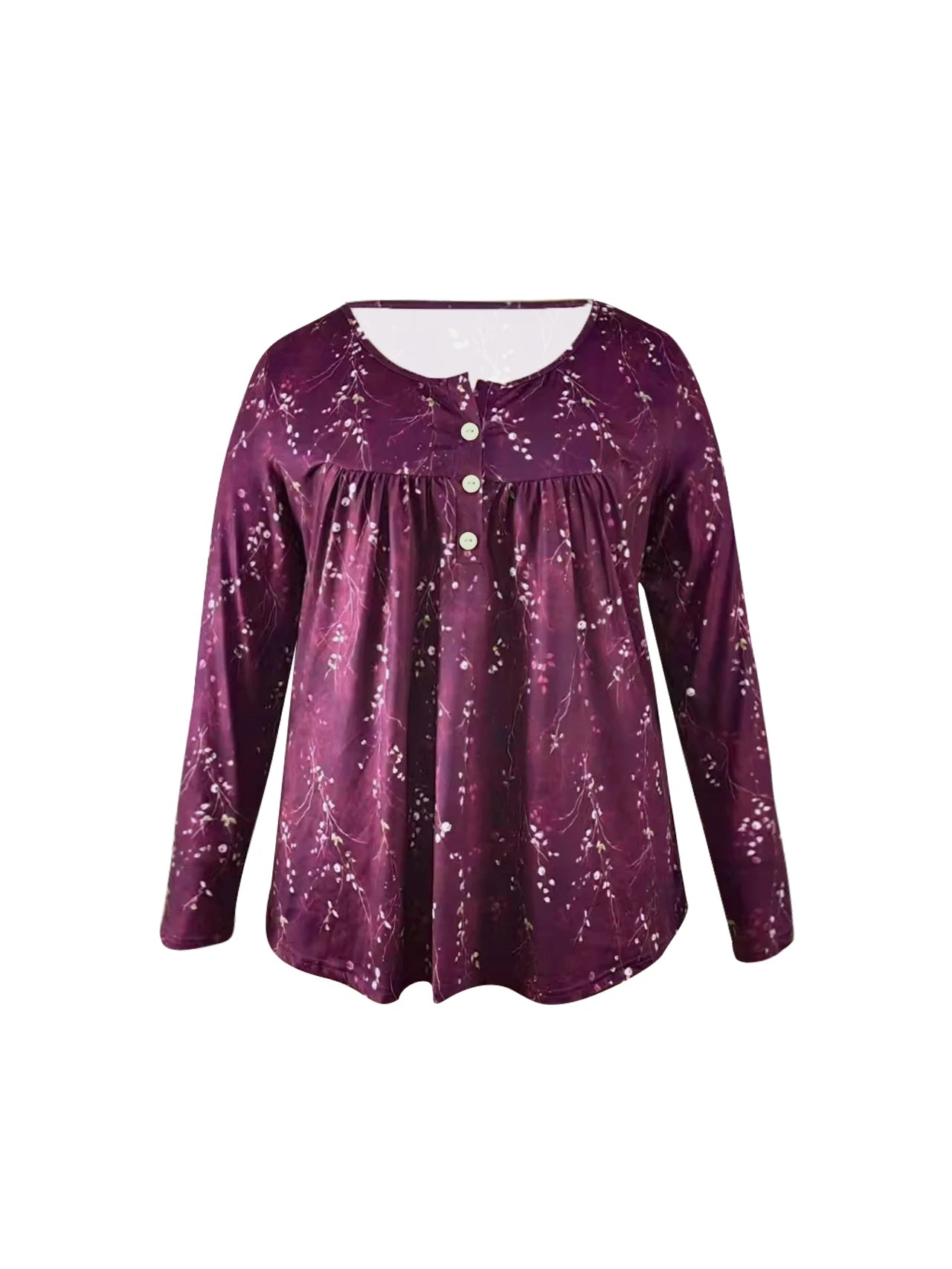 Plus Size Women's Spring and Autumn Long Sleeve Random Plant Print Button T-Shirt