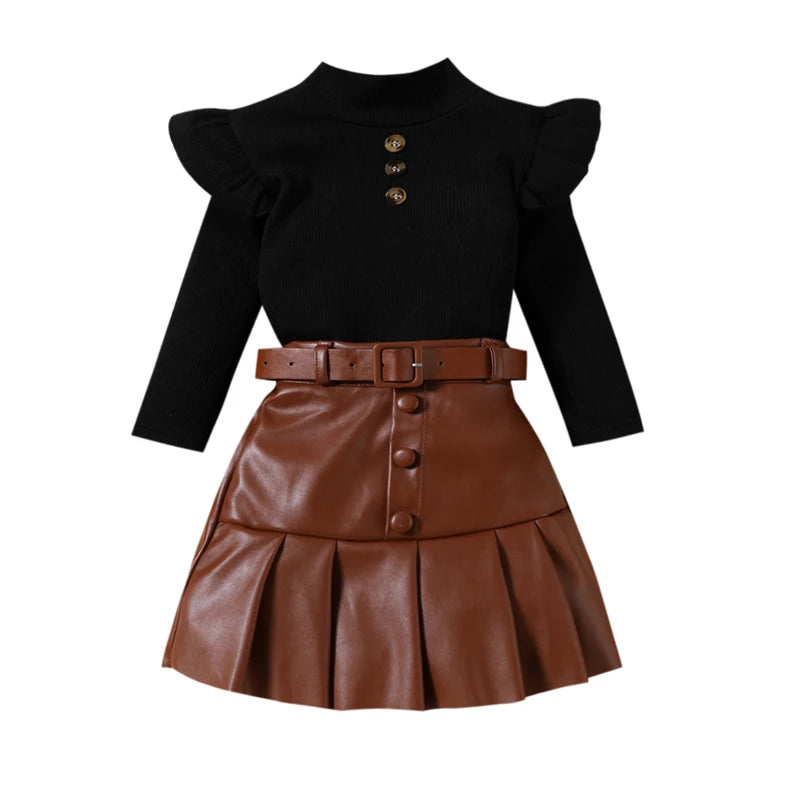 Pudcoco Toddler Girl 2 Piece Outfit Ruffles Long Sleeve Tops and Leather Pleated Skirt Set for Baby Fall Cute Clothes 18M-6T