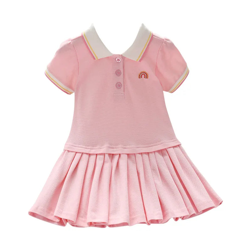 New Kids Girls Pink Dress Summer Short Sleeve Shirts Dresses for Baby Girls Rainbow Print Pleated Dress Children's Clothes 2-10Y