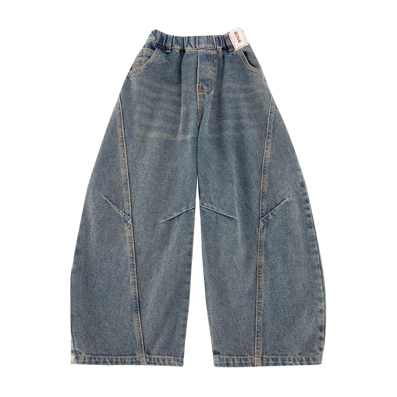 Elegant Children Vintage Blue Baggy Curved Jeans for Teenage Boy Fashion Casual Wide Leg Denim Pants Kids Loose Jeans Trousers
