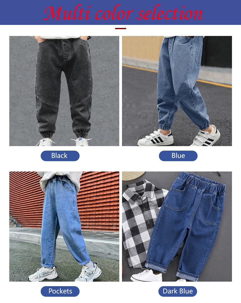 2024 Kids Boys Jeans Classic Black Blue Pants Streetwear Denim Jogger Pant Infant Boy Casual Bowboy Trousers4-10T джинсы детские