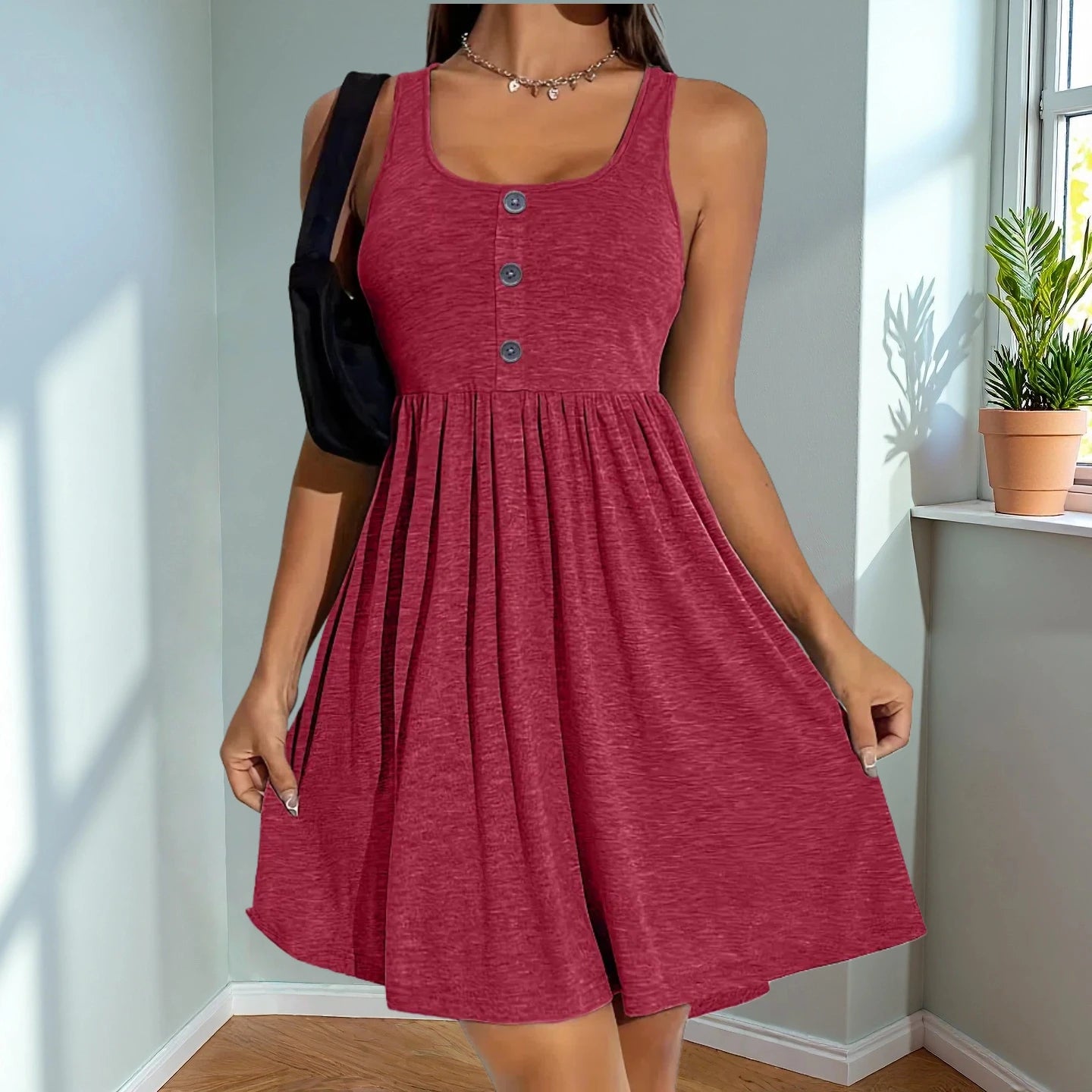 Fashionable plus size women's everyday sleeveless dress, square neck vest dress with button decoration