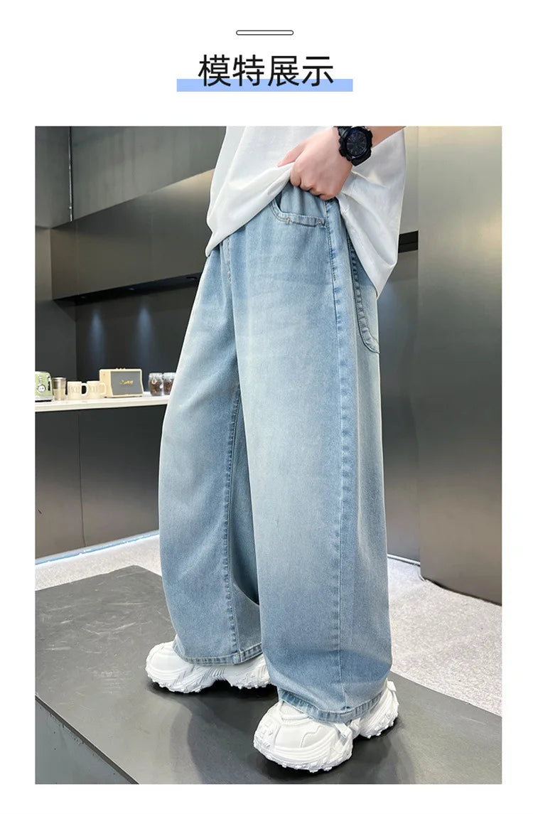 Kids Stylish Loose Straight Summer Patchwork Jeans for Tweens Boy Relaxed Fit Denim Pants Child Light Blue Washed Jeans Trousers