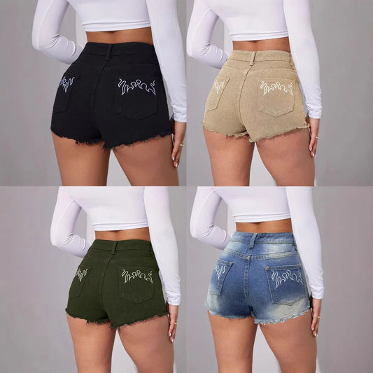 Shorts Women Jeans 2025 Summer Streetwear Embroidery Short Pants Rivet Skinny Mid Waist Distressed Washed Straight Denims