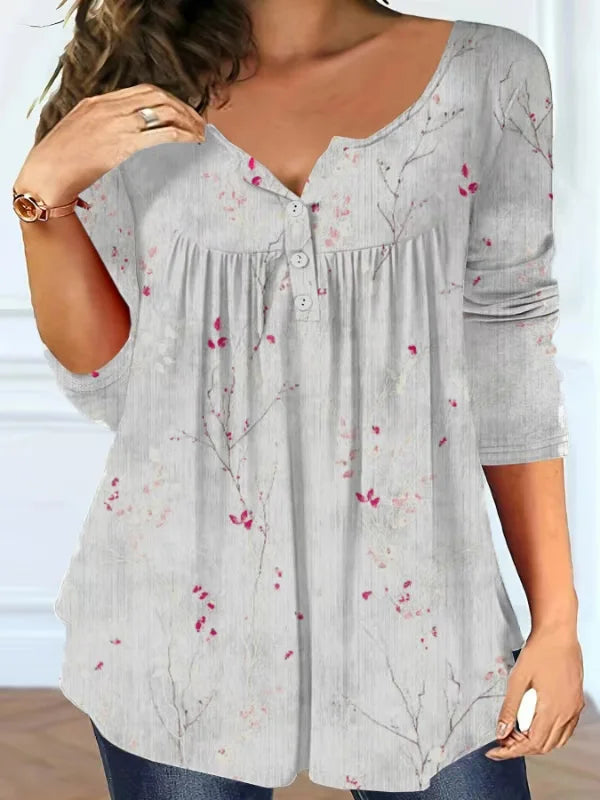 Plus Size Women's Spring and Autumn Long Sleeve Random Plant Print Button T-Shirt