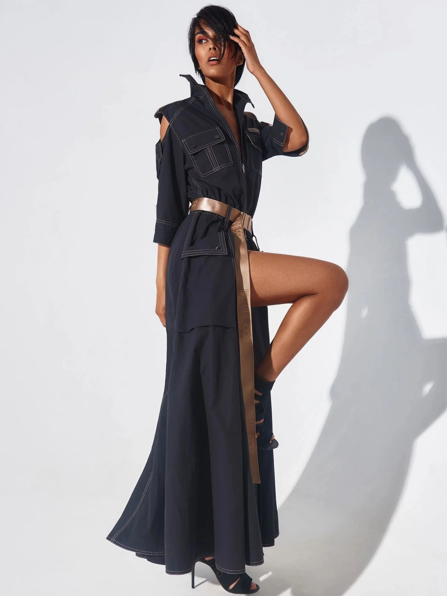 Summer Dress for Women 2024 Retro Turn-down Collar Cold Shoulder Half Sleeve Zipper Belt Pockets Split High Waist Maxi Dresses