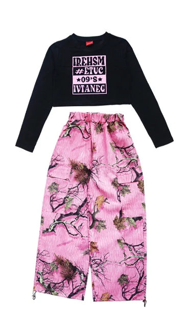 Kids Modern Hip Hop Dance Costumes For Girls Black Crop Tops Loose Pants Suit Children Jazz Dance Performance Clothes DQS15809