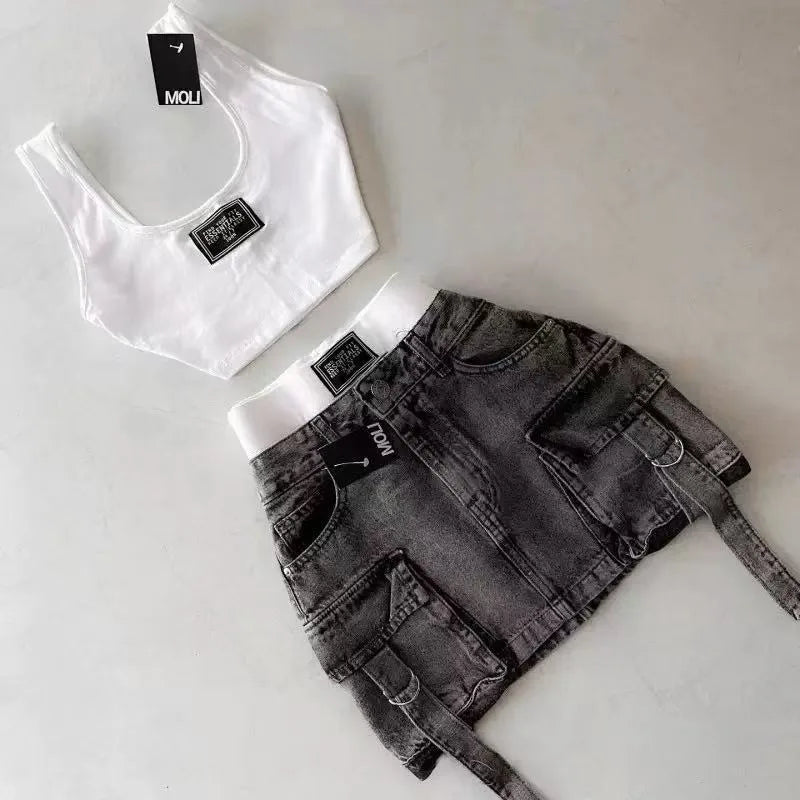 Skirts Women Sexy Short Skirt Slim Fit Casual Regular Jeans Elegant Splice Denim High Waist Hip Wrap A Line Pockets Summer