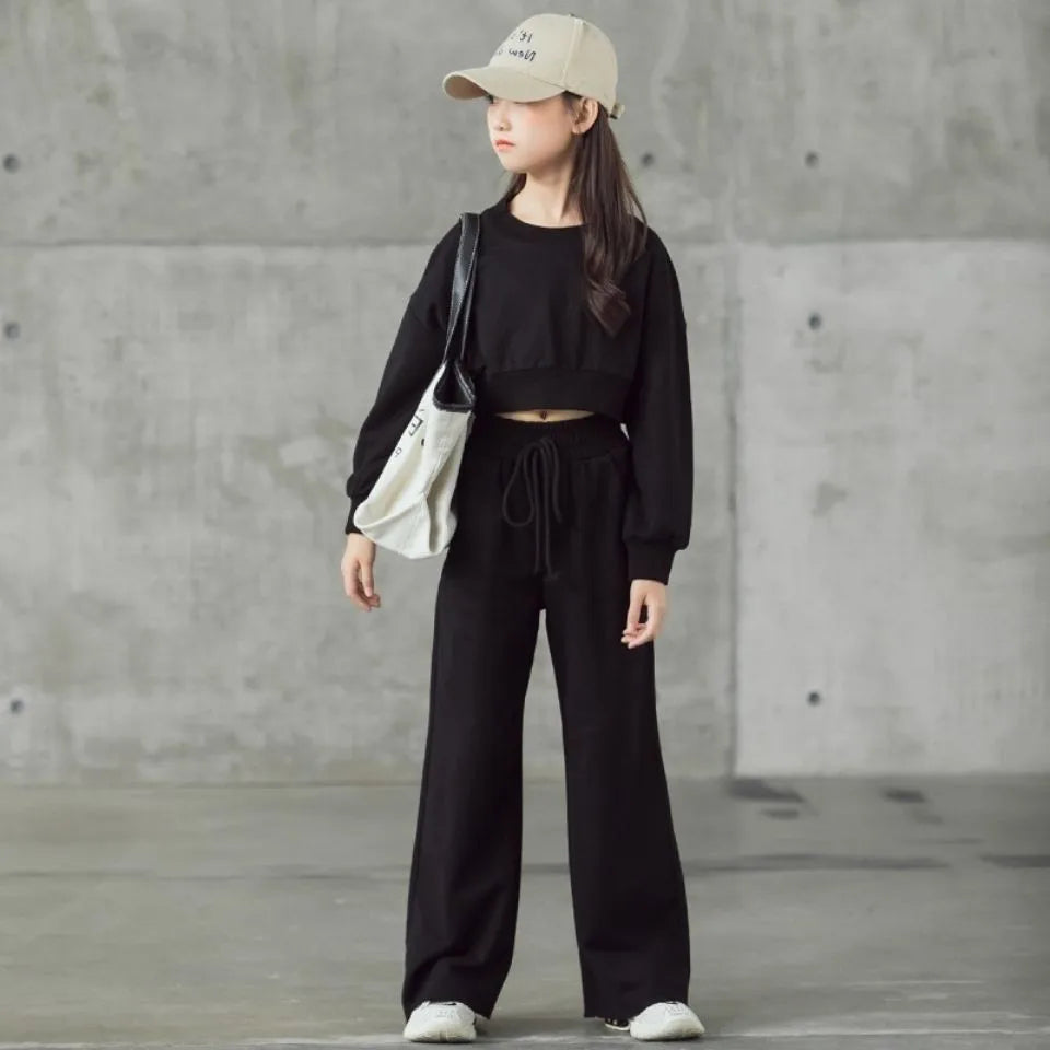 Girls Solid Colour Sets Children's Long-Sleeved Short Sweater Trousers 2Pcs Spring Autumn New Kids Fashion Casual Suit 4-12Y