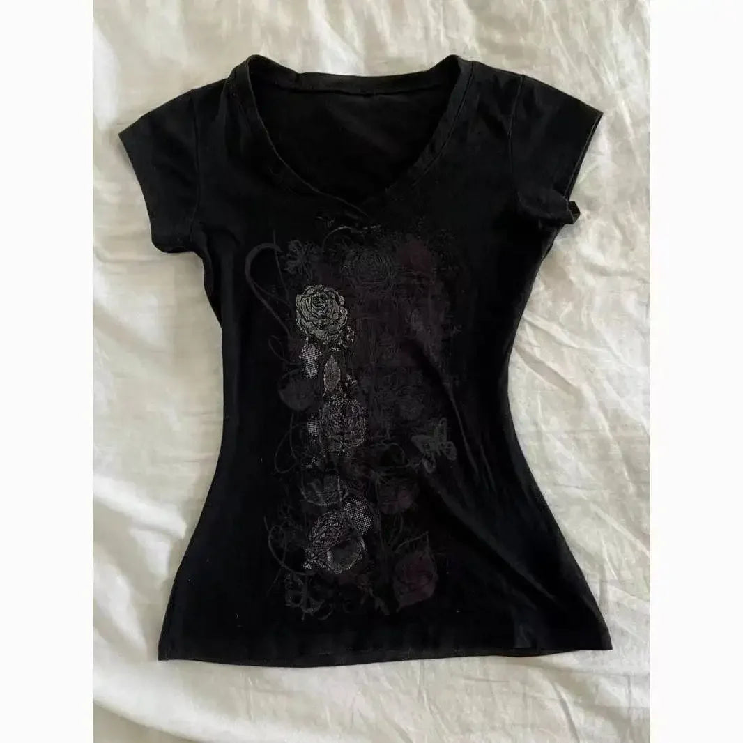Vintage Clothes Women Print Sexy Punk Streetwear Slim Femme Tees Shirt Gothic Casual Grunge T Shirts 2000s Emo Y2k Crop Top