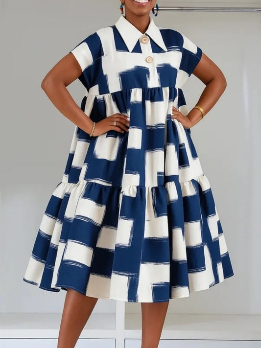 Yeezzi Women's Plaid Contrast Color Pleated Lapel A-line Dress Short Sleeves High Waisted Loose Casual Office Midi Dresses 2025