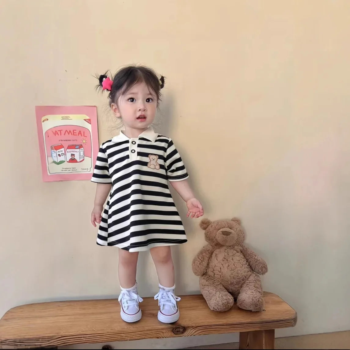 2025 New Children's Dress Girls' Summer Korean Edition Striped Strawberry lapel Casual Dress 1-10 Years Old