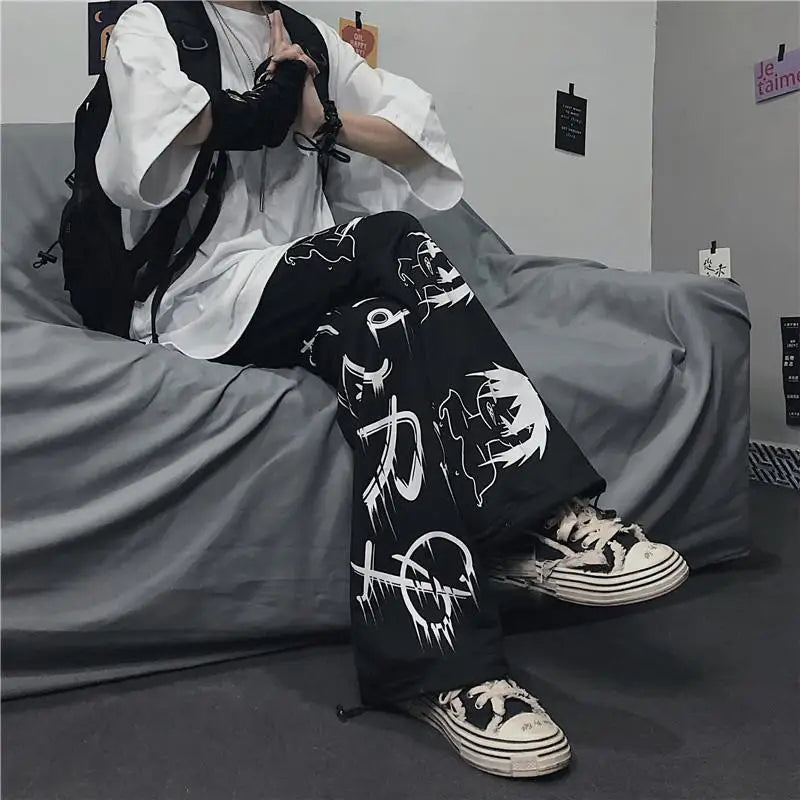 Black Japenese Printed Anime Y2k Sweatpants Male Streetwear Wide Leg Oversize Baggy Pants Casual Sport Causl Trousers Men 2023