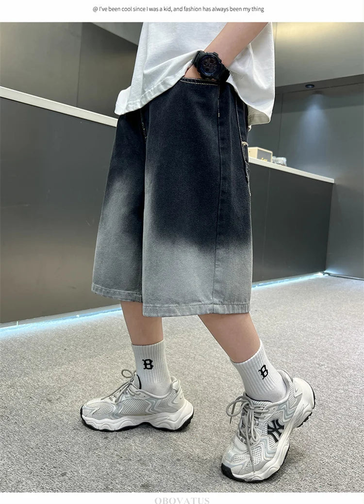2025 New Summer Kids Designer Gradient Black Denim Shorts Tweens Boy Casual Straight Jeans Shorts For Child Age 5 6 8 10 12 14 T