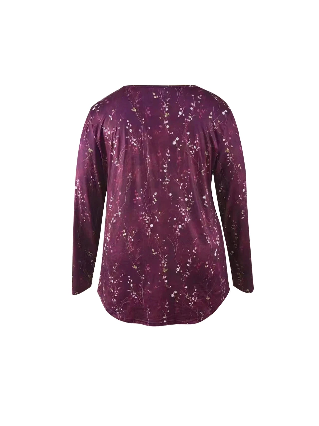 Plus Size Women's Spring and Autumn Long Sleeve Random Plant Print Button T-Shirt