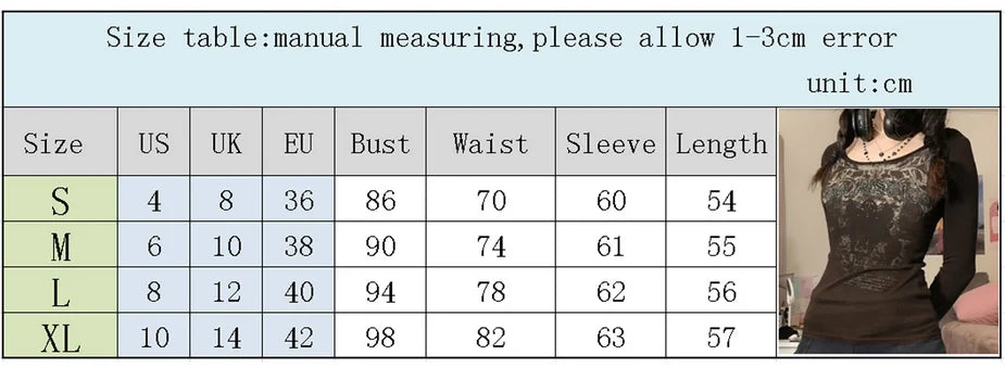 Y2K Grunge Cyber Mall Goth Thermal T-shirt Skulls Graphic Print Long Sleeve Pullovers Tops Women 90s Vintage Aesthetic Tees