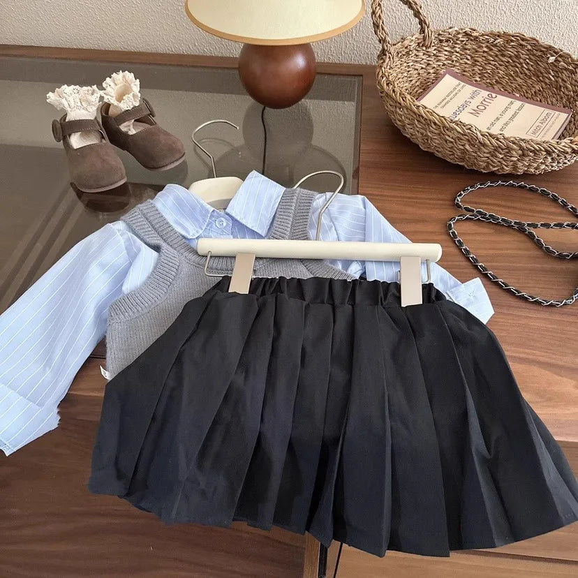 Girl Suit Korean Version of Baby Girl Autumn Knitted Vest Vest Blue Striped Shirt Pleated Skirt Three-piece Set Fashion