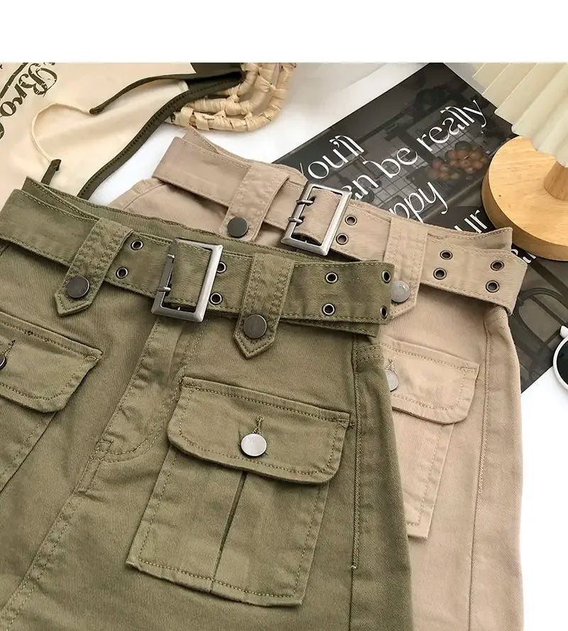 Women Mini Denim Skirts Multi Pockets Streetwear Personal Cool Ladies High Waisted A-line Wrap-around Skirt Cargo Skirt 2025 New