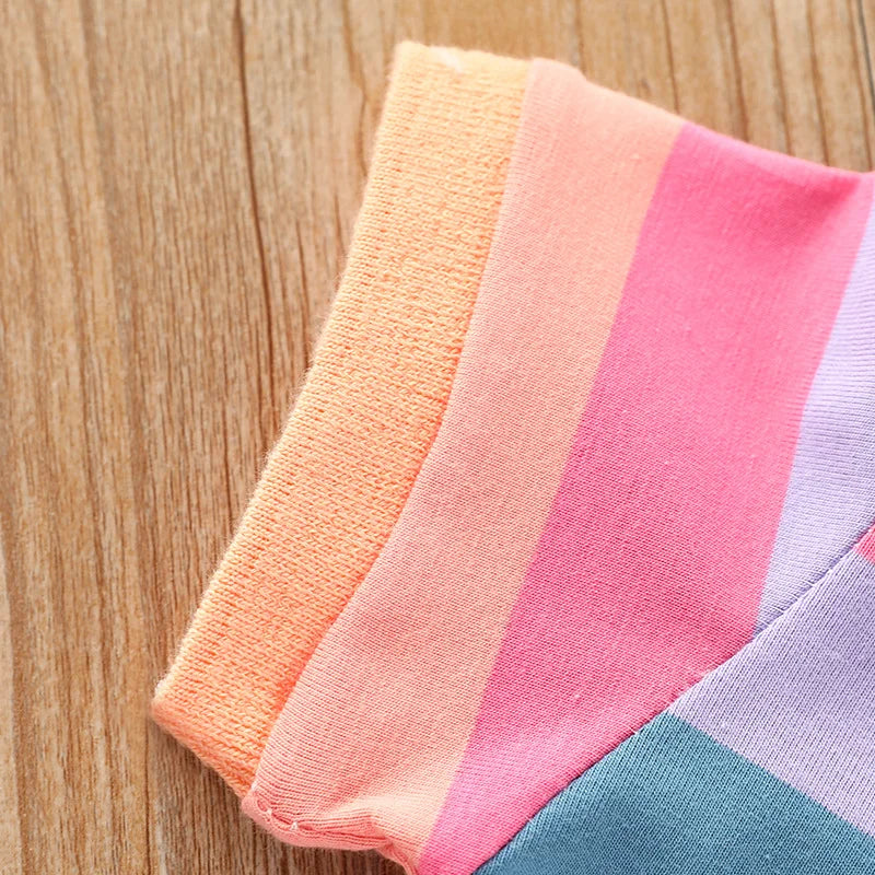 Girl's Summer fashion cute short sleeve  cartoon  rabbit embroidered rainbow strip baby girl princess dress
