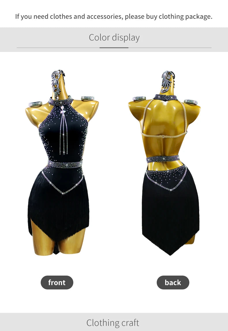 Black Latin Dress Women Stage Outfit Line Dance Costume 2025 New Sexy Girl Prom Skirt Kid Party Suit  Evening Clothes Customized