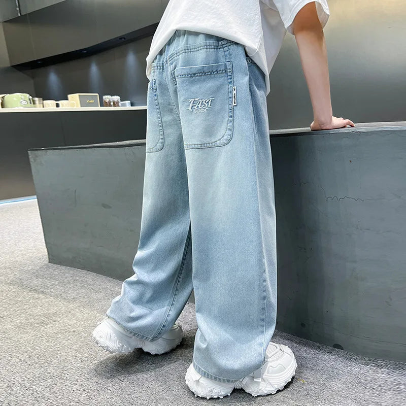 Kids Stylish Loose Straight Summer Patchwork Jeans for Tweens Boy Relaxed Fit Denim Pants Child Light Blue Washed Jeans Trousers