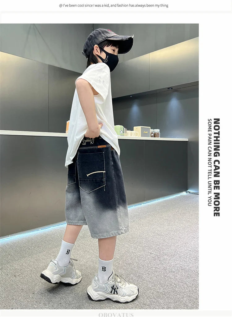 2025 New Summer Kids Designer Gradient Black Denim Shorts Tweens Boy Casual Straight Jeans Shorts For Child Age 5 6 8 10 12 14 T