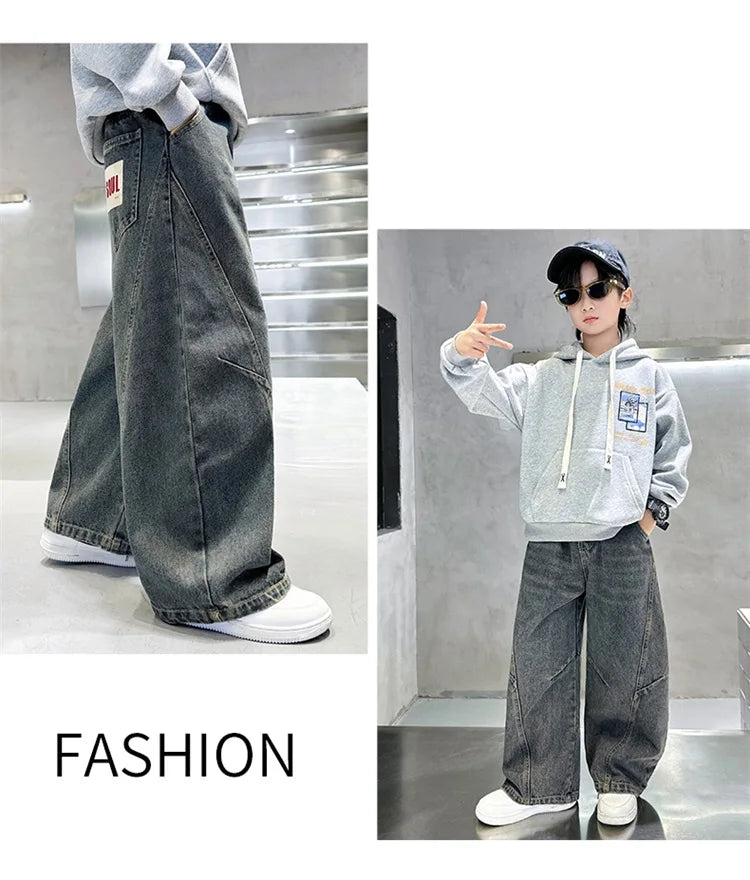 Elegant Children Vintage Blue Baggy Curved Jeans for Teenage Boy Fashion Casual Wide Leg Denim Pants Kids Loose Jeans Trousers