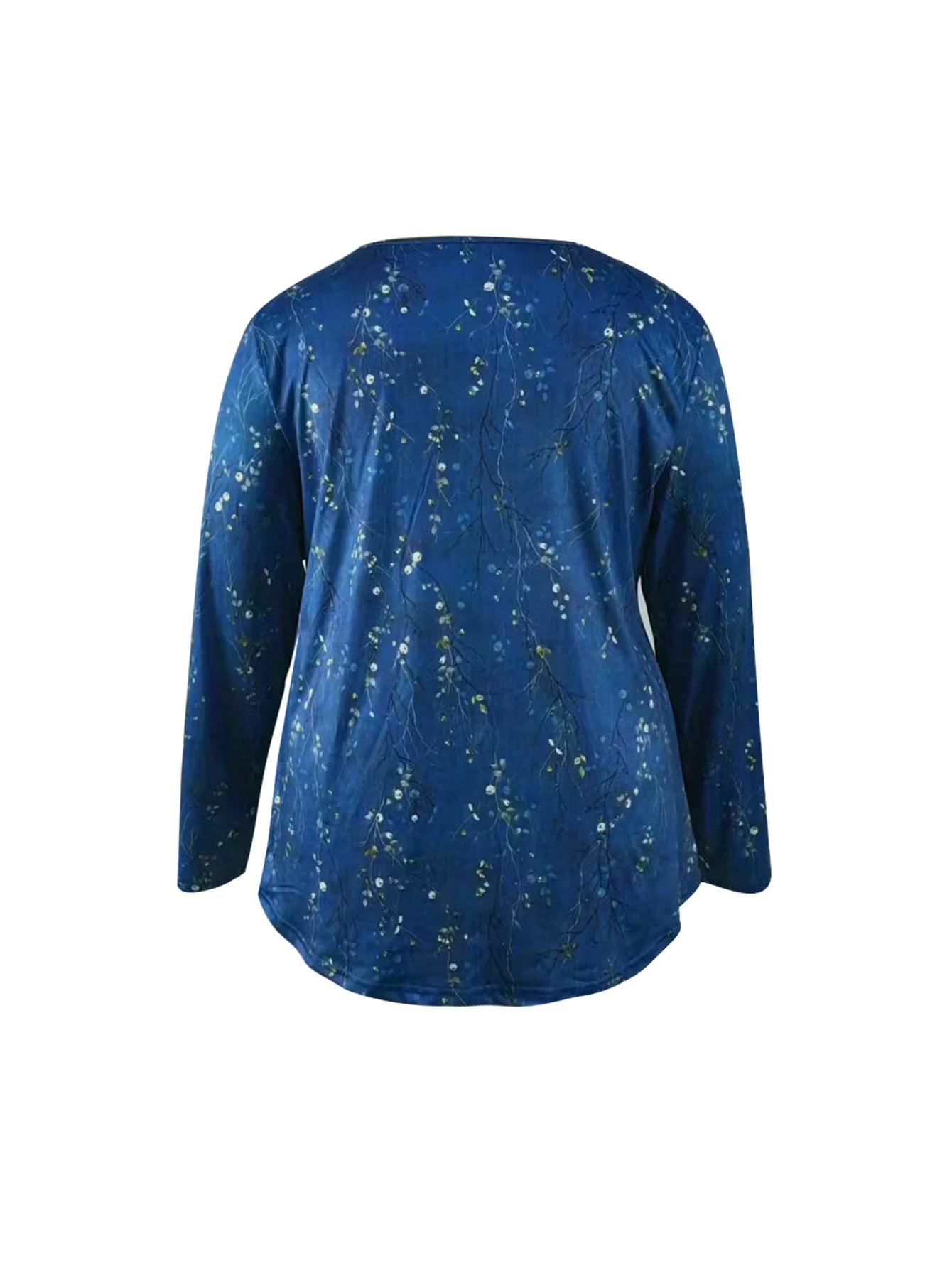 Plus Size Women's Spring and Autumn Long Sleeve Random Plant Print Button T-Shirt