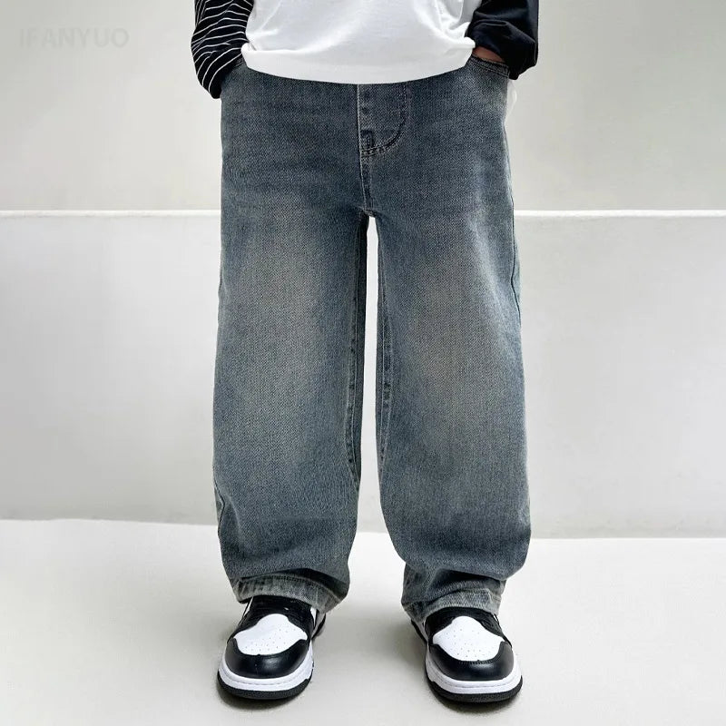 4-12Y Boys Jeans 2025 New Wide Straight Leg Denim Pant Children's Spring Clothing Big Children's Handsome Cotton Sports Pants