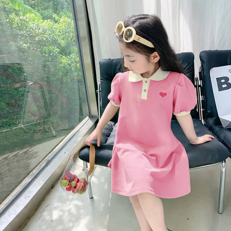 2025 New Children's Dress Girls' Summer Korean Edition Striped Strawberry lapel Casual Dress 1-10 Years Old