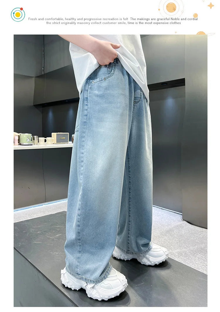 Kids Stylish Loose Straight Summer Patchwork Jeans for Tweens Boy Relaxed Fit Denim Pants Child Light Blue Washed Jeans Trousers
