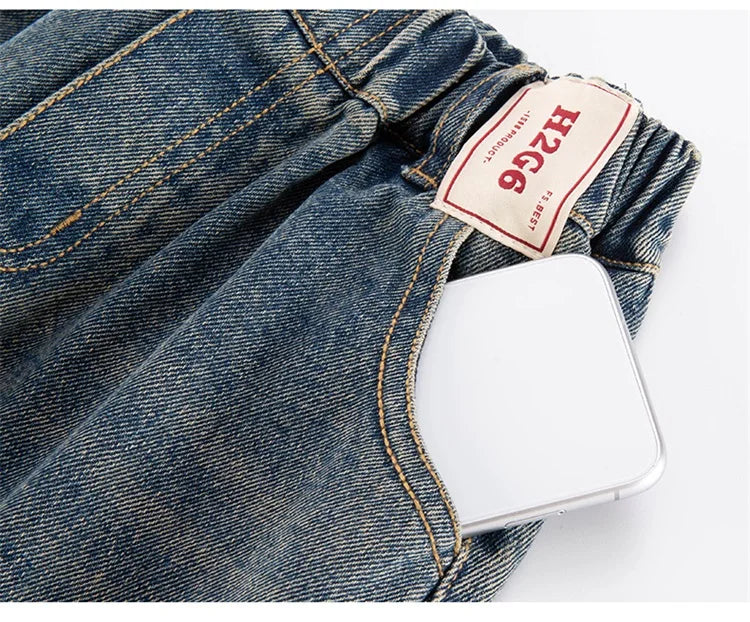Elegant Children Vintage Blue Baggy Curved Jeans for Teenage Boy Fashion Casual Wide Leg Denim Pants Kids Loose Jeans Trousers