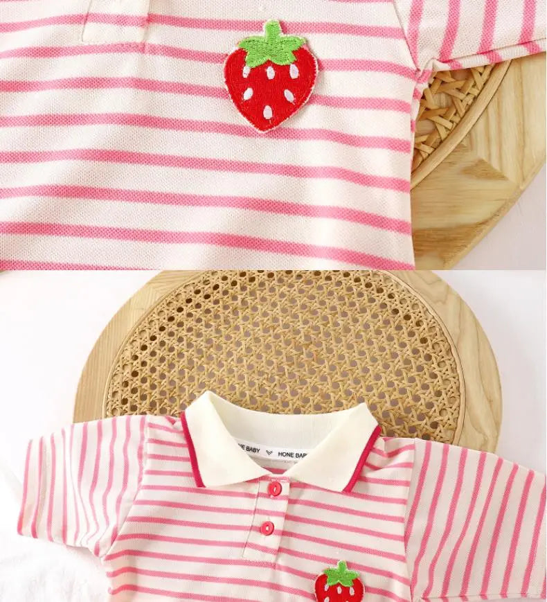 2025 New Children's Dress Girls' Summer Korean Edition Striped Strawberry lapel Casual Dress 1-10 Years Old