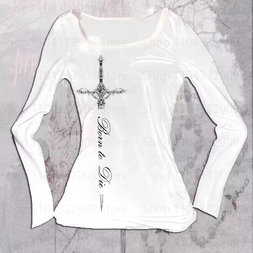 Gothic Grunge Punk Printing Women's Long Sleeve Tee Casual Slim Fit Sexy Chic Emo Girls Crop Top Y2K Harajuku Vintage Streetwear