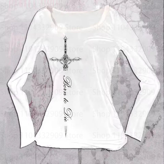 Gothic Grunge Punk Printing Women's Long Sleeve Tee Casual Slim Fit Sexy Chic Emo Girls Crop Top Y2K Harajuku Vintage Streetwear