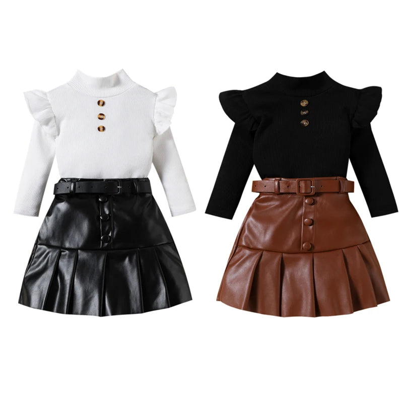 Pudcoco Toddler Girl 2 Piece Outfit Ruffles Long Sleeve Tops and Leather Pleated Skirt Set for Baby Fall Cute Clothes 18M-6T