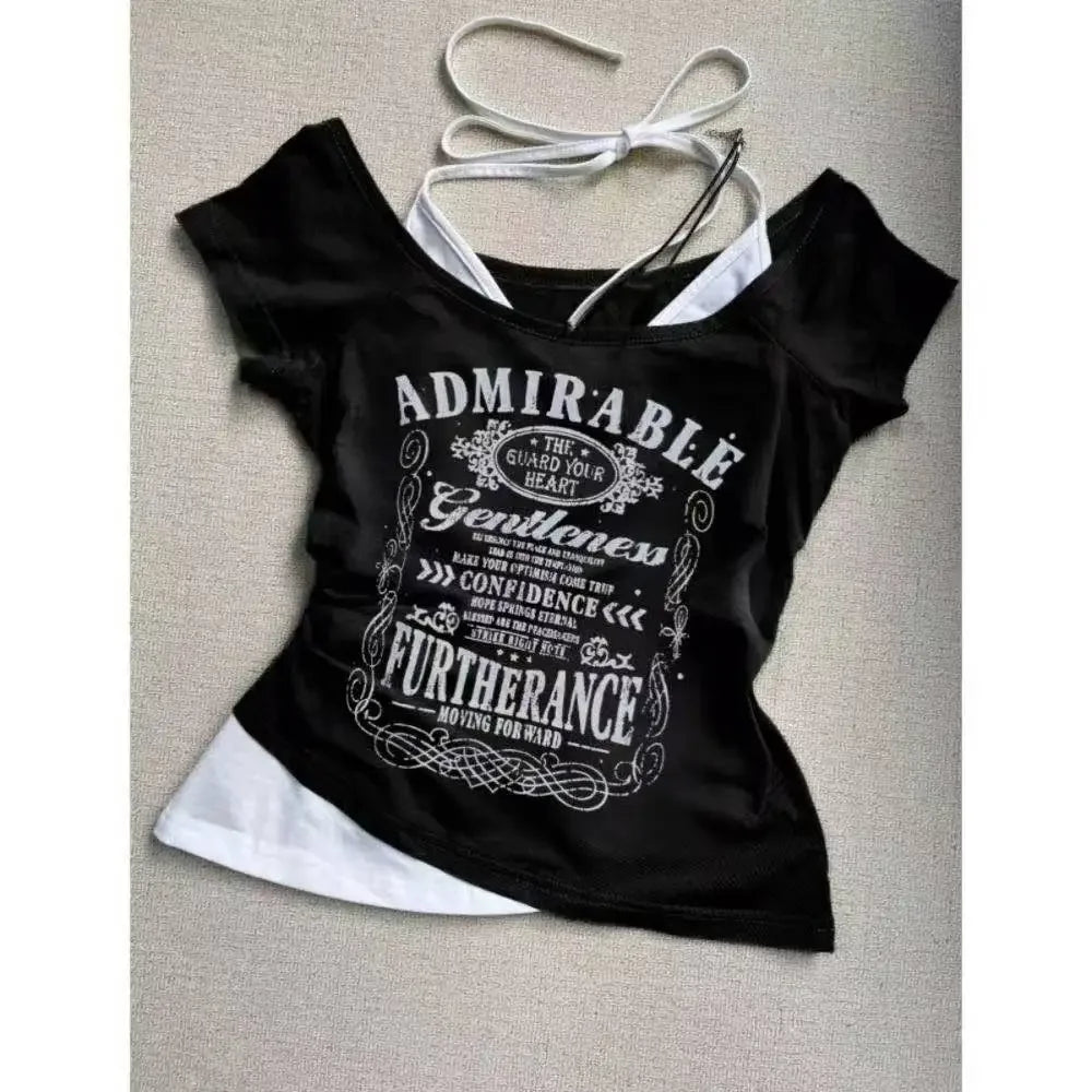 Y2k Aesthetic Flower Printing Women Grunge T-shirts Vintage Slim Harajuku Causal Black Tshirts 2025 Summer Bottoming Crop Tops
