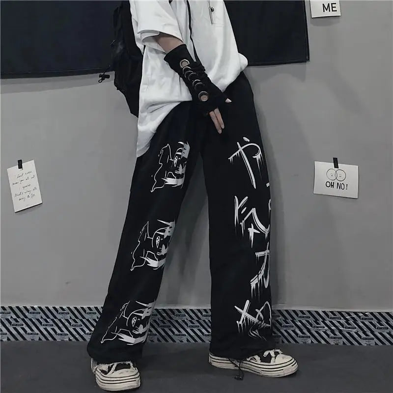 Black Japenese Printed Anime Y2k Sweatpants Male Streetwear Wide Leg Oversize Baggy Pants Casual Sport Causl Trousers Men 2023