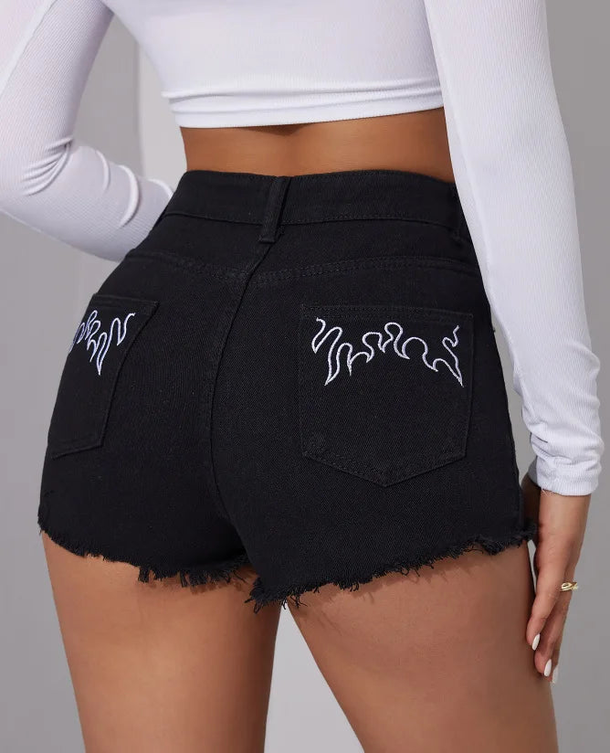 Shorts Women Jeans 2025 Summer Streetwear Embroidery Short Pants Rivet Skinny Mid Waist Distressed Washed Straight Denims