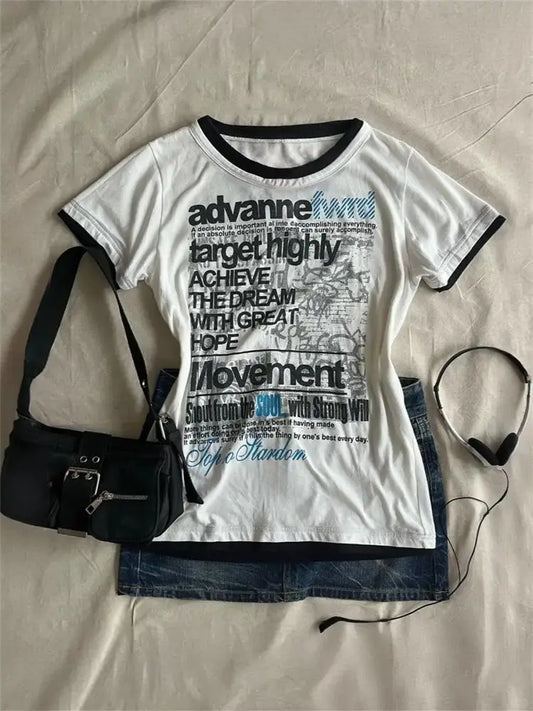 HOUZHOU Y2k Vintage Gothic Letter Print Women T-Shirts Harajuku Short Sleeve American Retro Tees Streetwear Slim Gyaru Summer