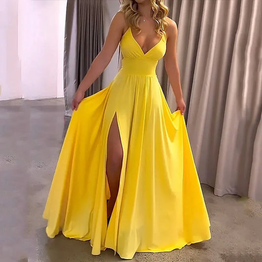 Women Sexy Spaghetti Strap V Neck Dresses Hollow Out Sleeveless Side Split Evening Dress Elegant Solid High Waist Pleat Vestidos