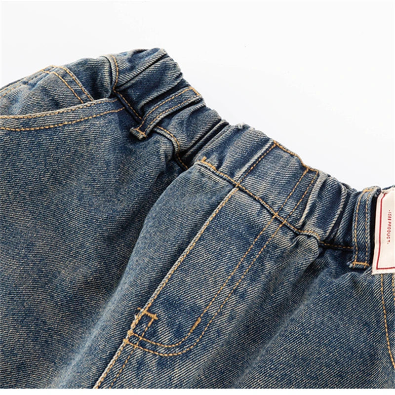 Elegant Children Vintage Blue Baggy Curved Jeans for Teenage Boy Fashion Casual Wide Leg Denim Pants Kids Loose Jeans Trousers