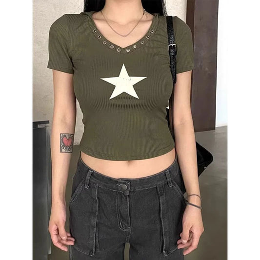 2000s American Vintage T-shits Women Short Sleeve Retro Bodycon Y2k Crop Top Office Lady Korean Fashion Harajuku Subculture Tees