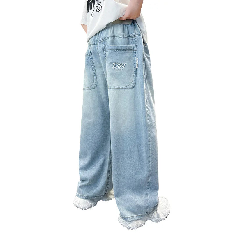 Kids Stylish Loose Straight Summer Patchwork Jeans for Tweens Boy Relaxed Fit Denim Pants Child Light Blue Washed Jeans Trousers