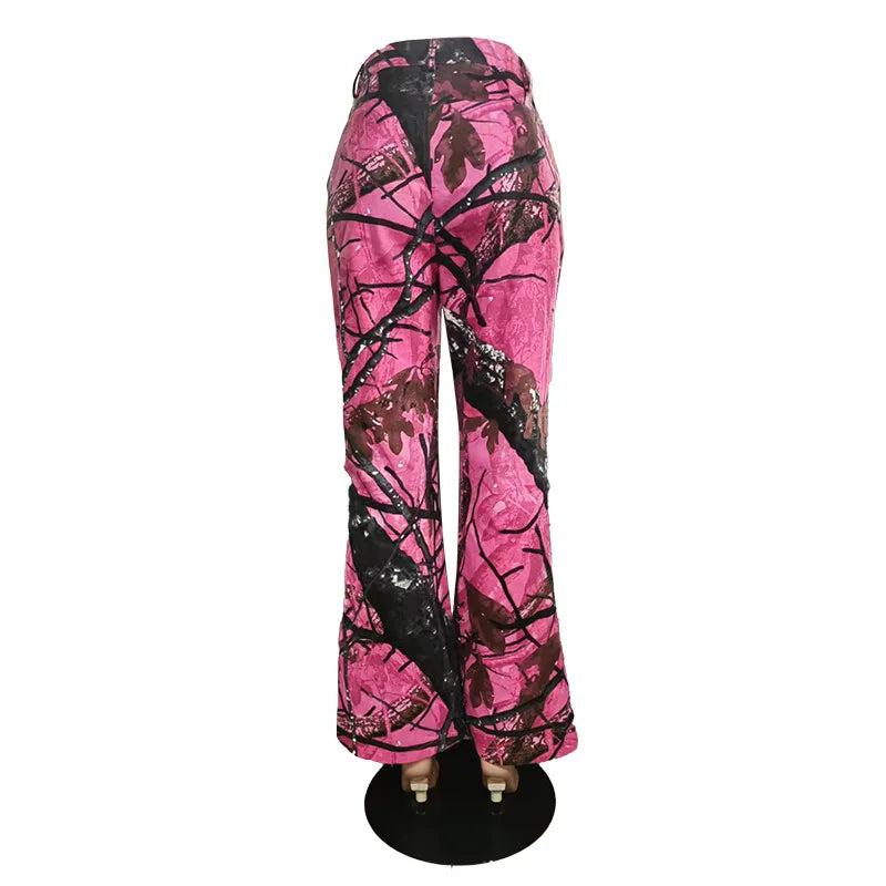 FAGADOER Pink Camouflage Print Pants Women Y2K Streetwear Button Pocket patchwork Straight Pants Hot girl Bottoms 2025