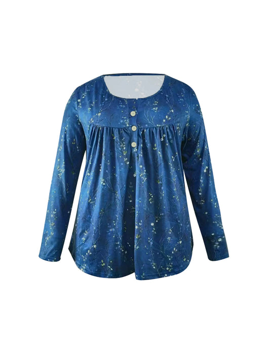 Plus Size Women's Spring and Autumn Long Sleeve Random Plant Print Button T-Shirt
